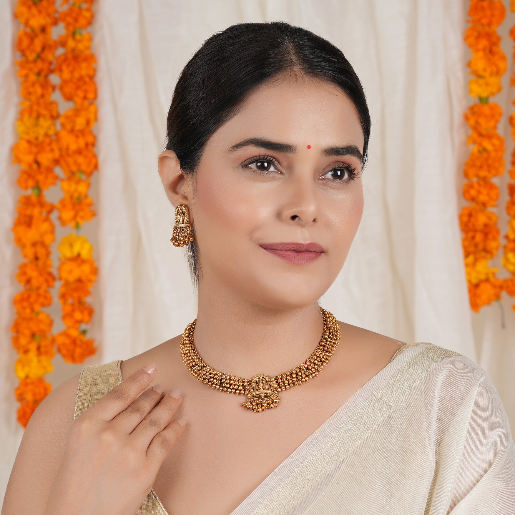 Beautiful antique gold plated plain radha krishna necklace set