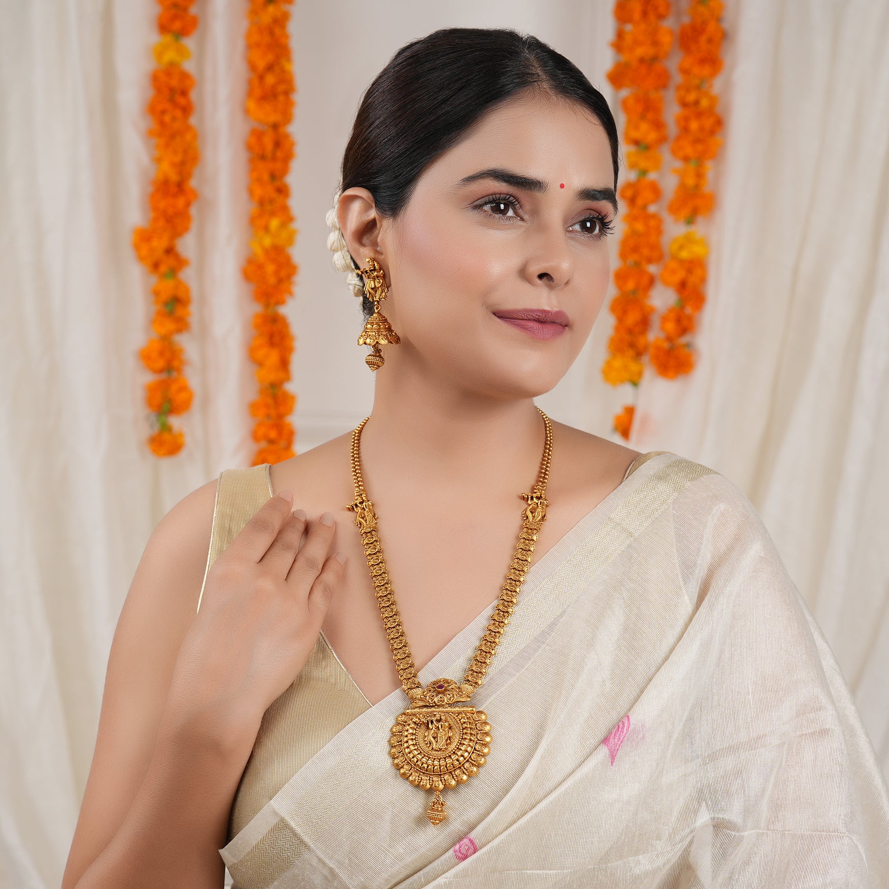 Long antique gold plated radha krishna necklace set with jhumka earring