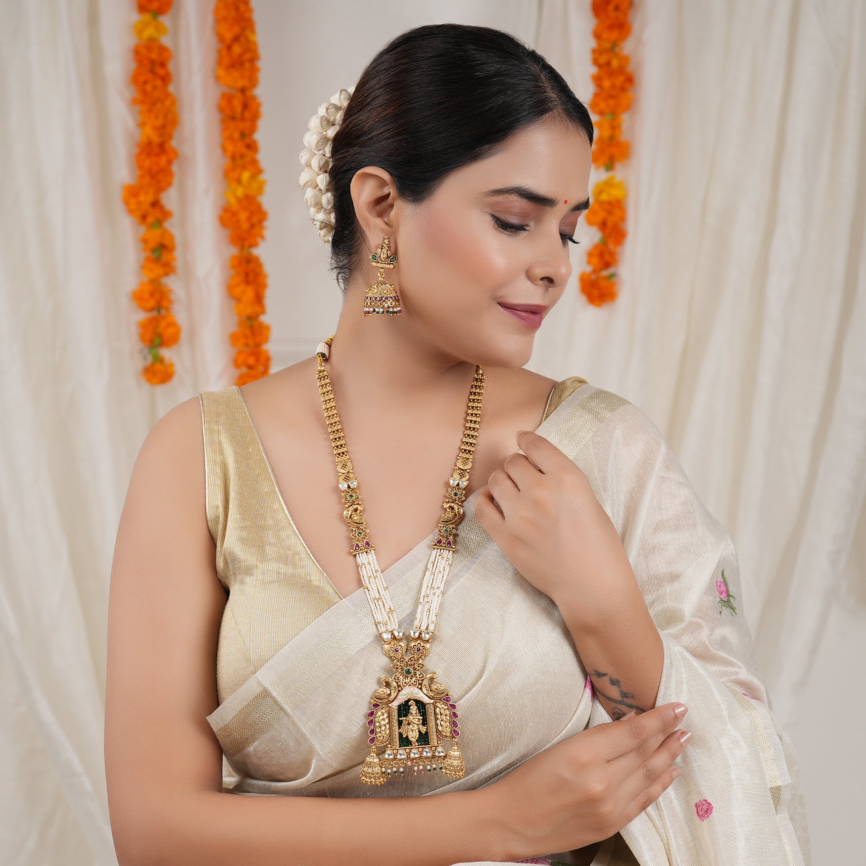 Long auspicious antique gold plated krishna necklace set