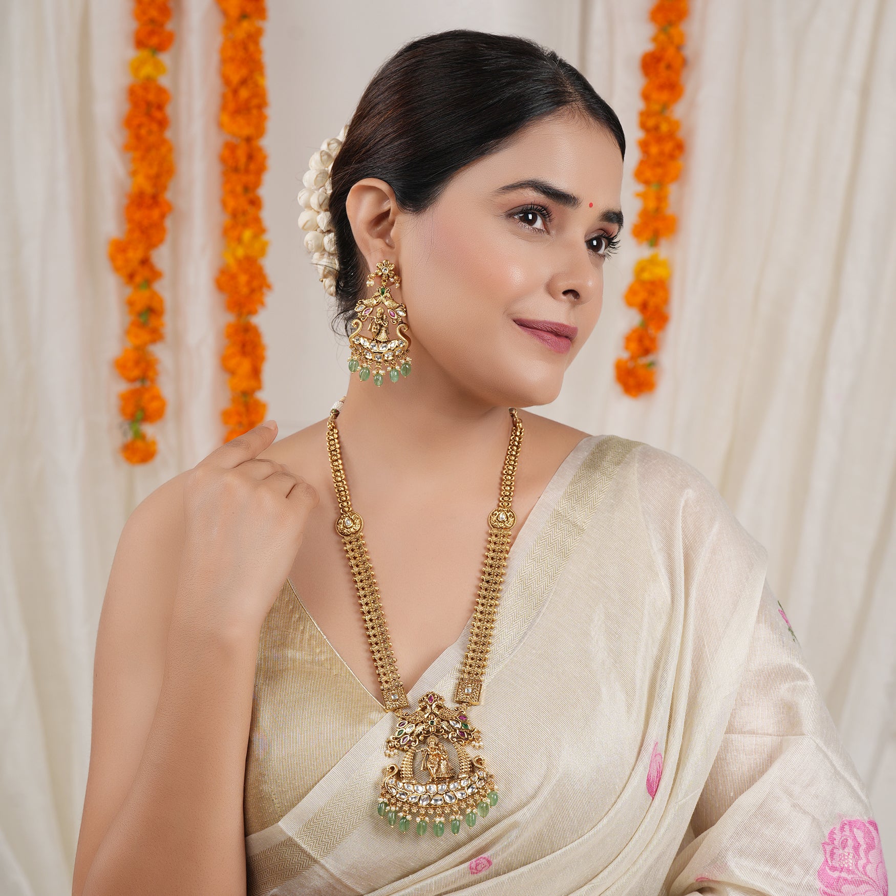 Long antique gold radha krishna stone necklace set