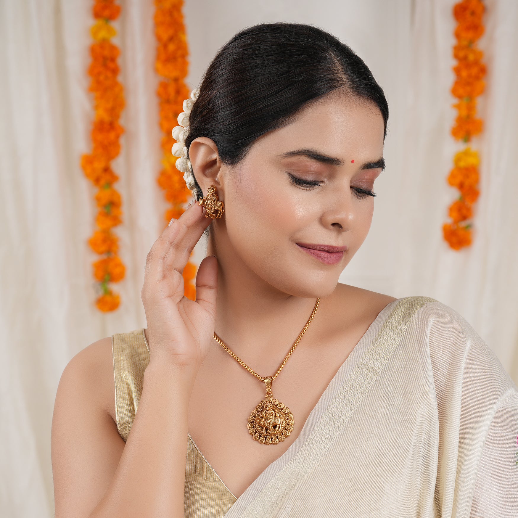 Stunning plain antique gold plated krishna pendant set