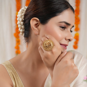 Beautiful antique gold plated round radha krishna finger ring
