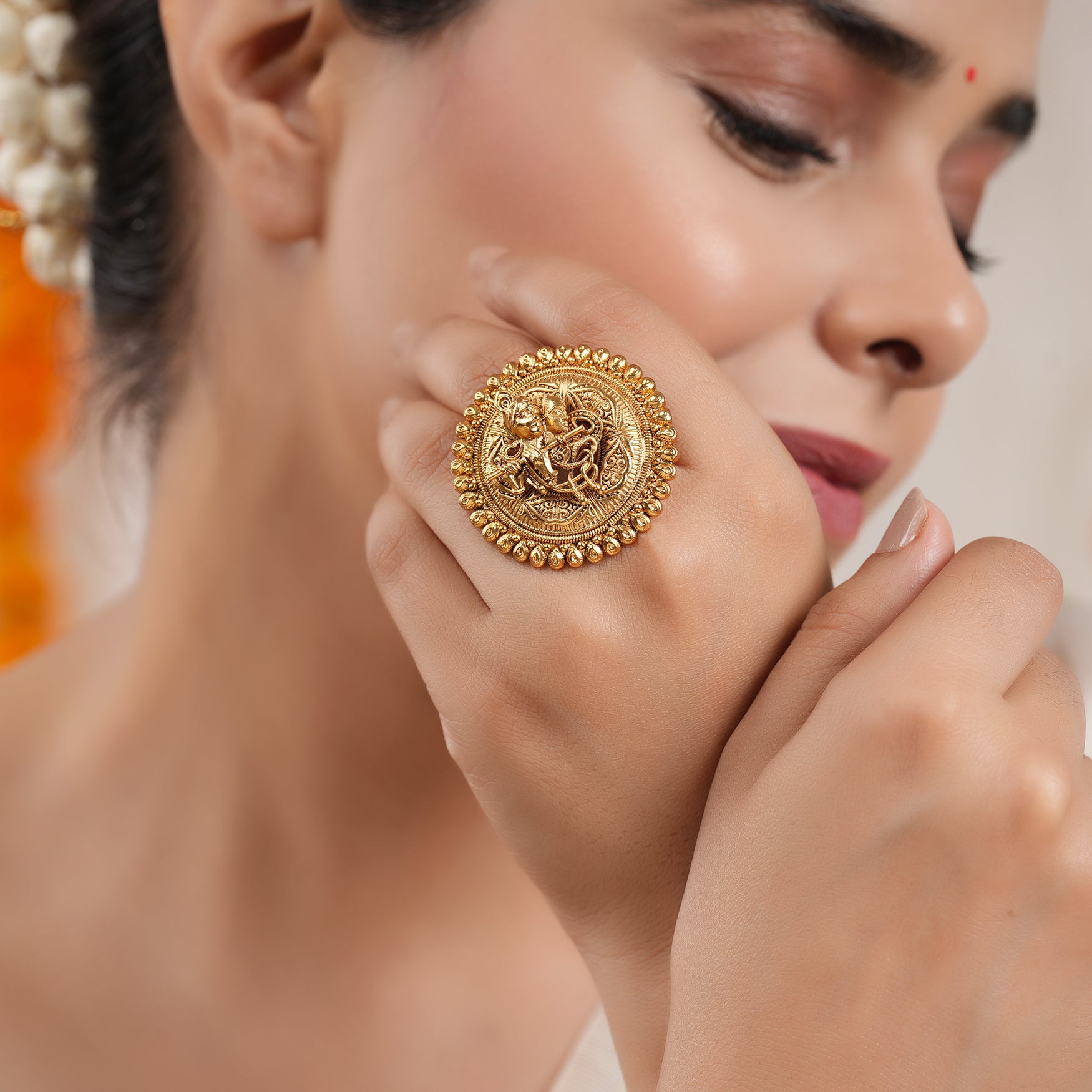 Beautiful antique gold plated round radha krishna finger ring