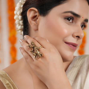 Long antique gold plated lord krishna finger ring