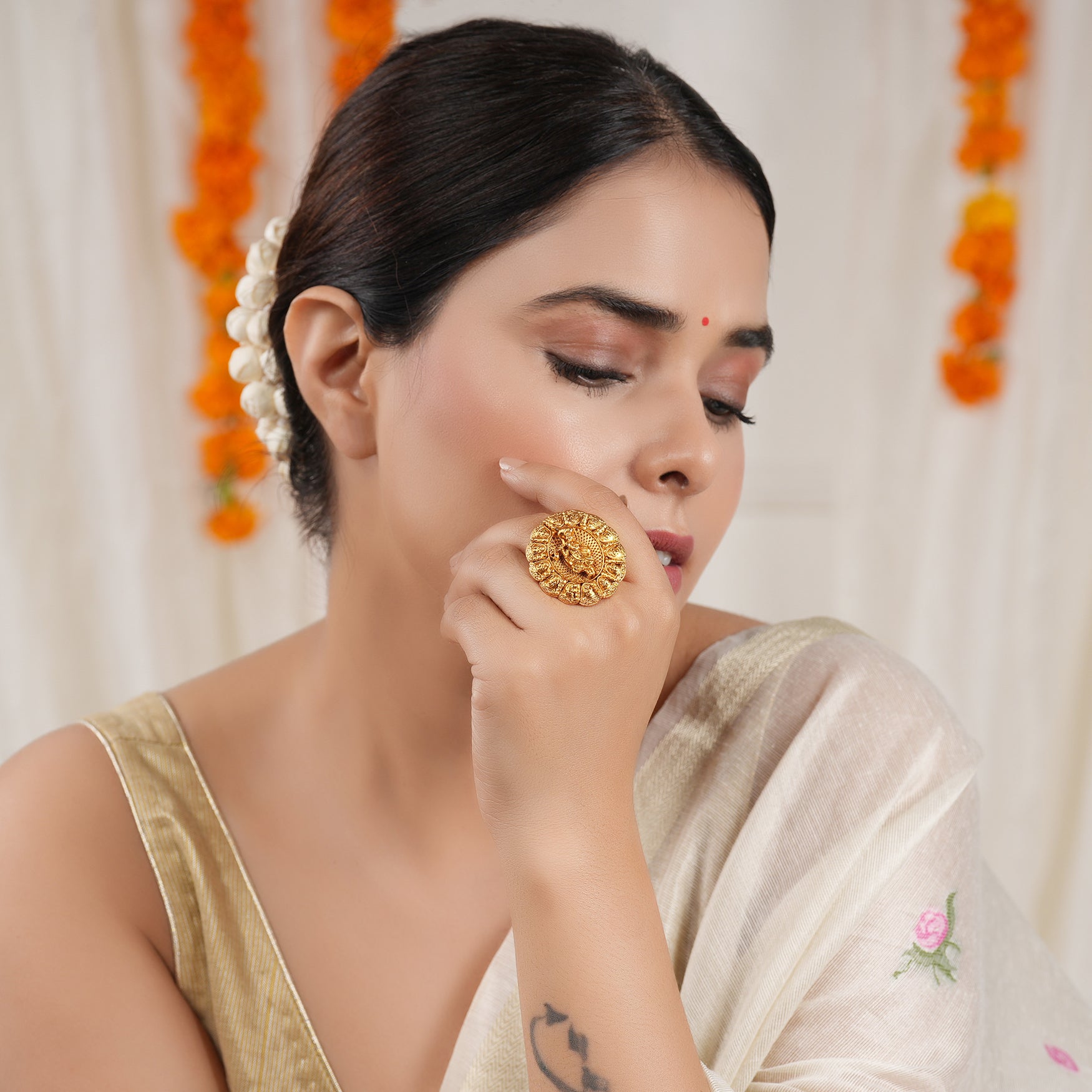 Auspicious antique gold plated krishna finger ring