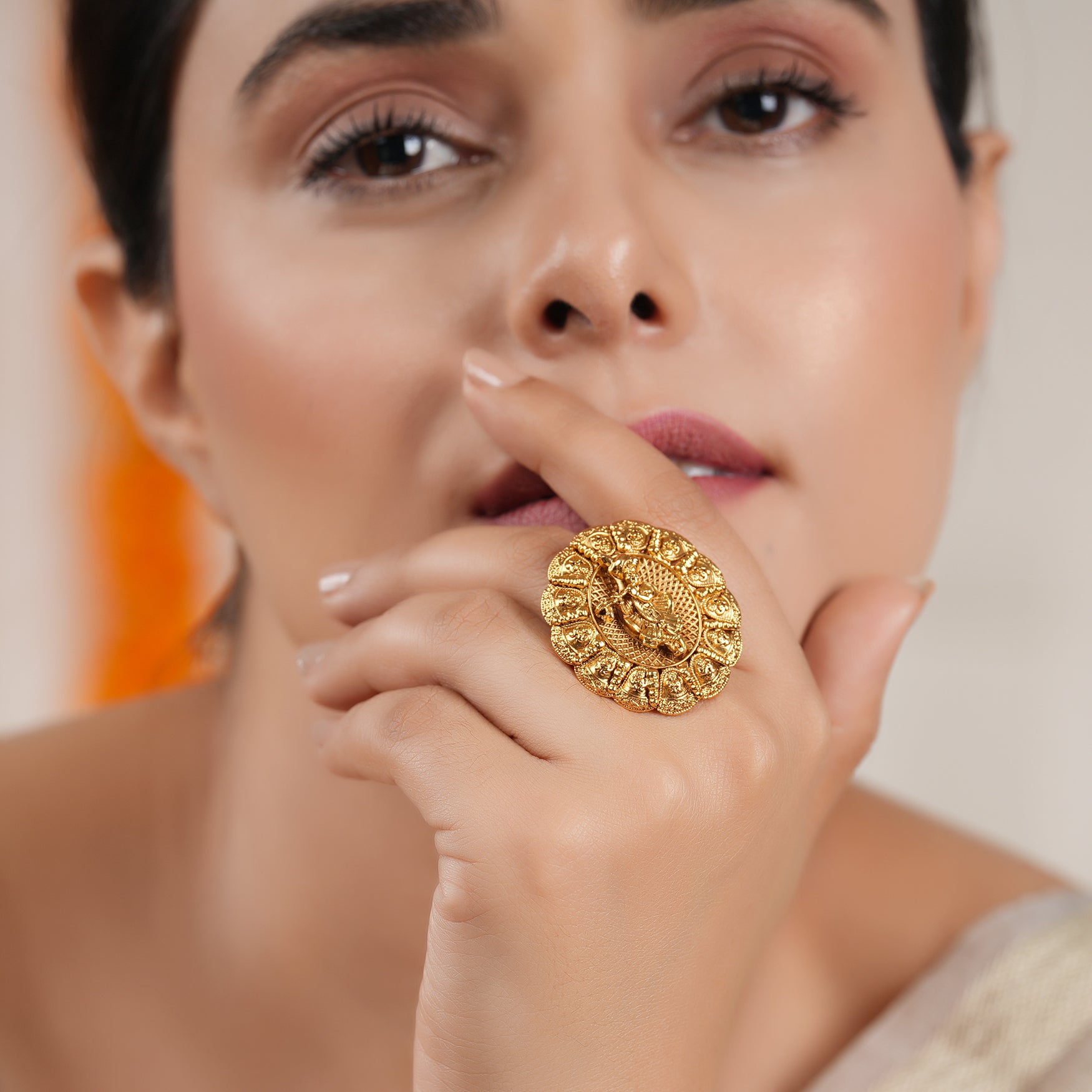 Auspicious antique gold plated krishna finger ring