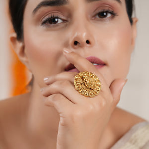 Auspicious antique gold plated krishna finger ring