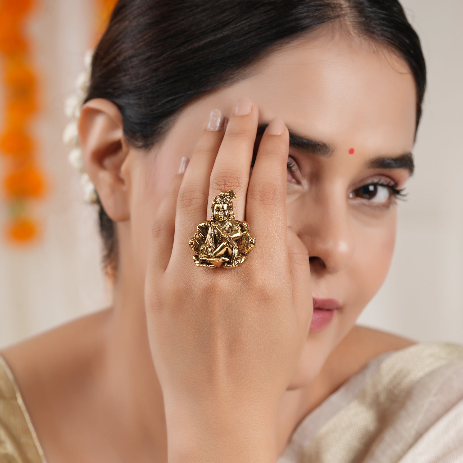 Cute antique gold plated laddu gopal krishna finger ring