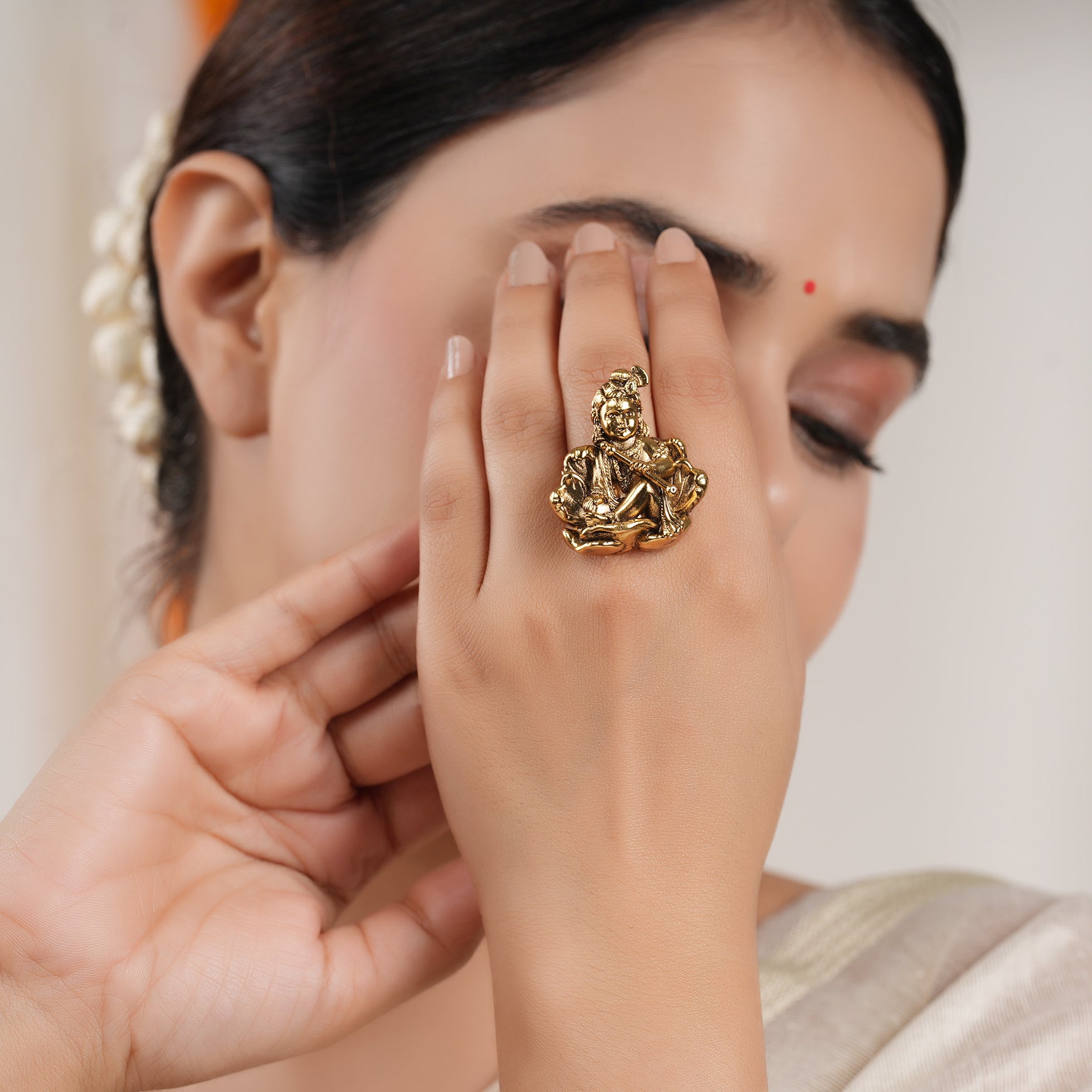 Cute antique gold plated laddu gopal krishna finger ring