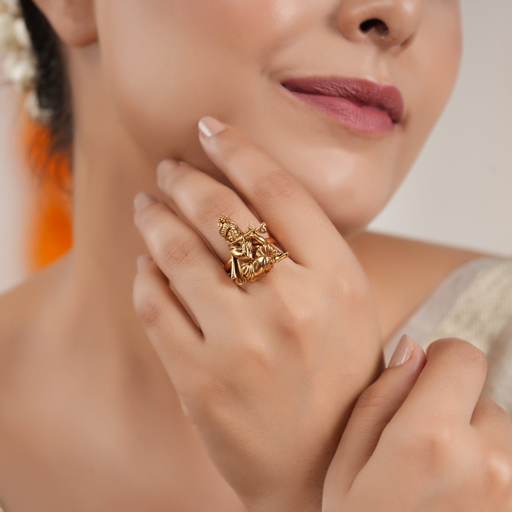 Cute plain antique gold adjustable krishna finger ring