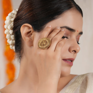 Cute antique gold plated radha krishna adjustable finger ring