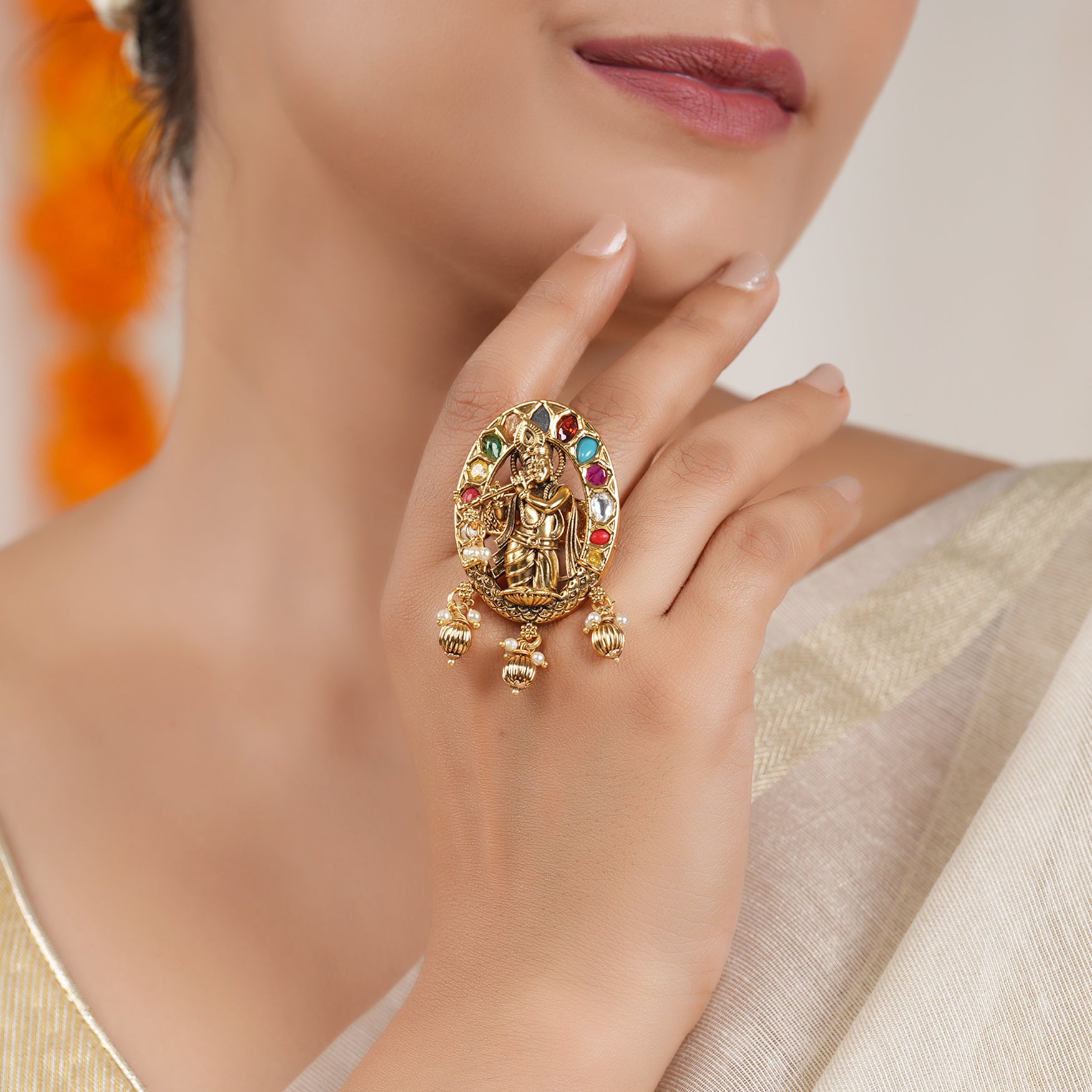 Stunning oval multicolor antique gold plated krishna finger ring