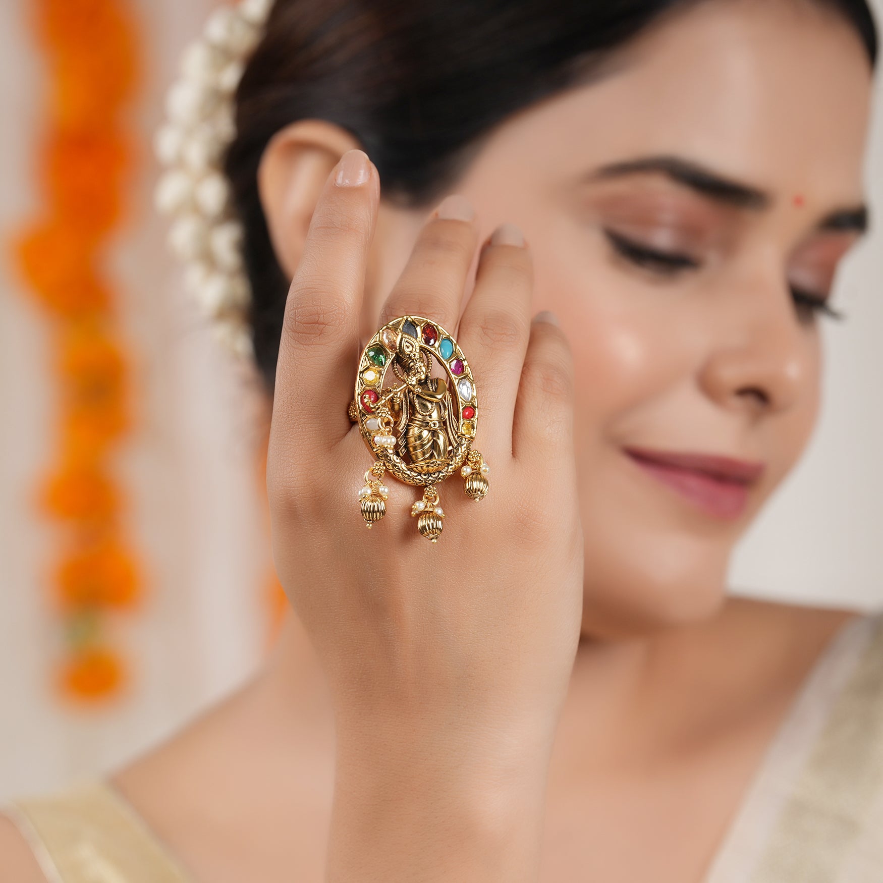 Stunning oval multicolor antique gold plated krishna finger ring