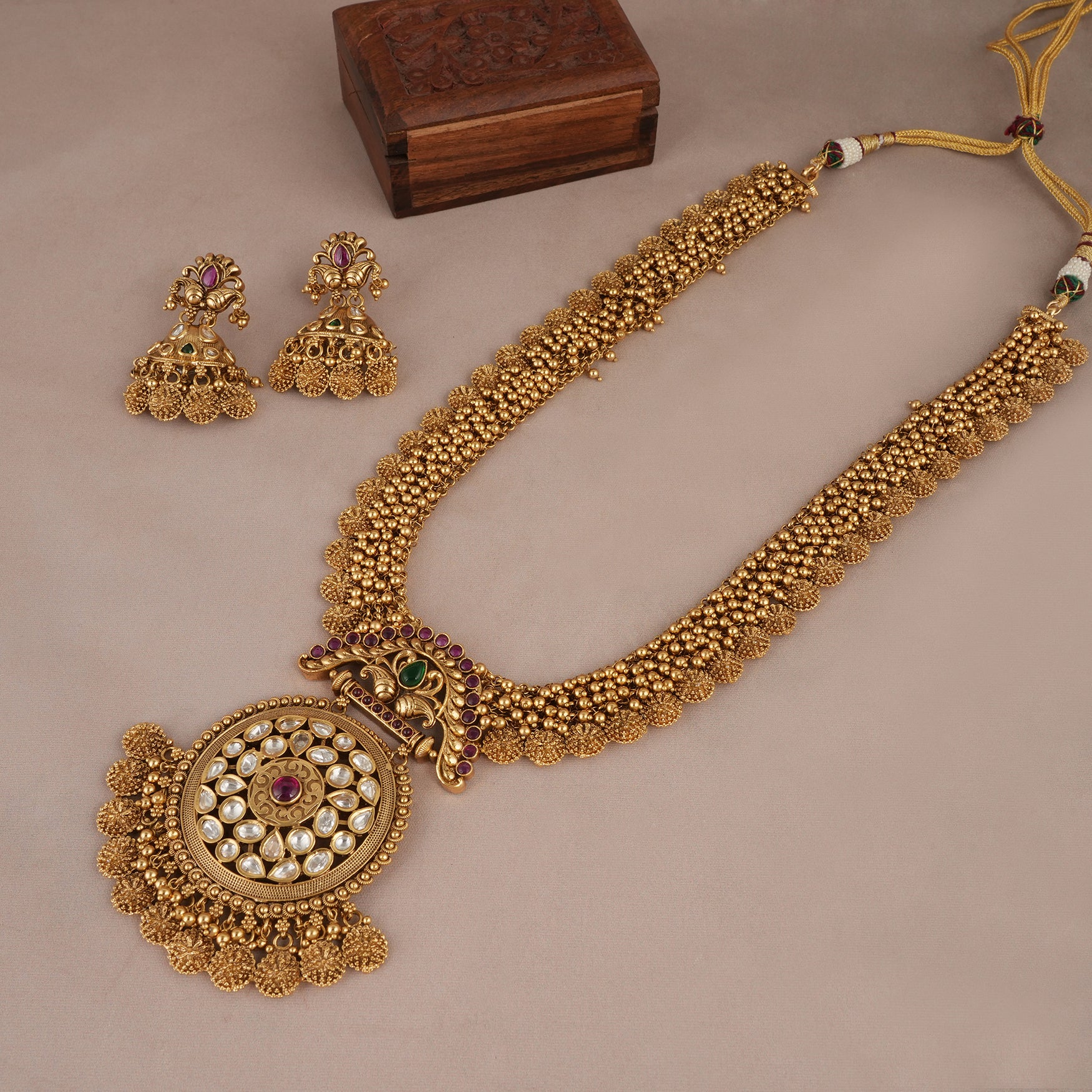 Antique gold plated long haram necklace set for women