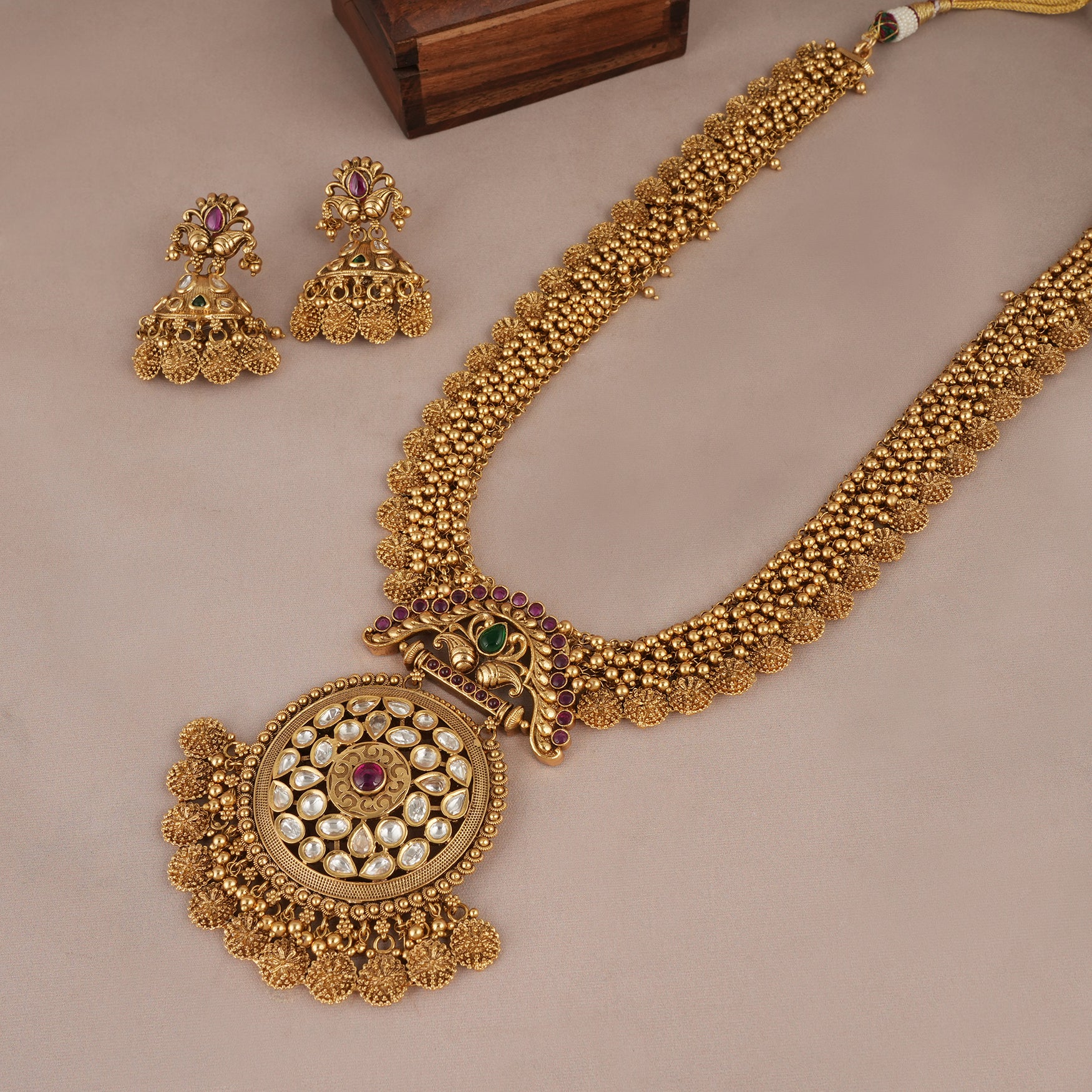 Antique gold plated long haram necklace set for women