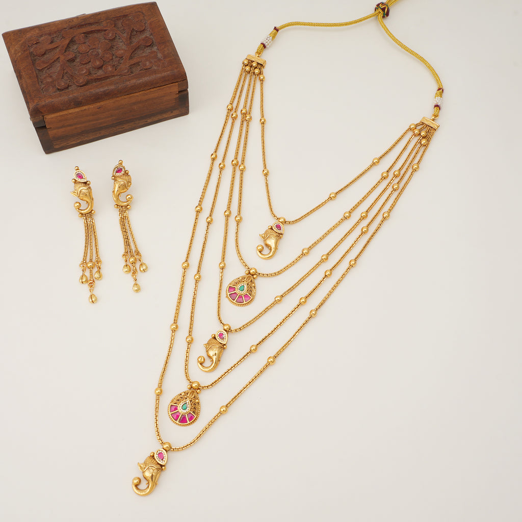 Stunning long antique gold ganesh necklace set