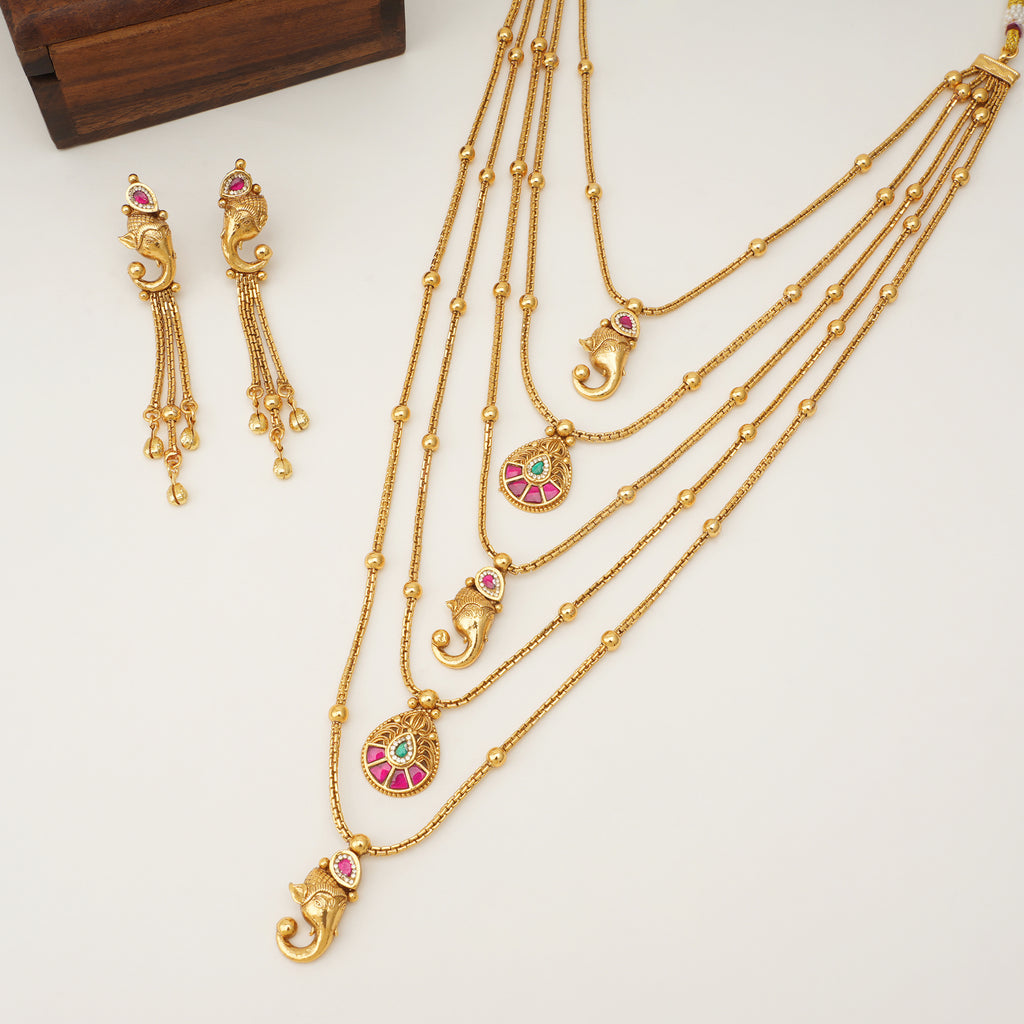Stunning long antique gold ganesh necklace set