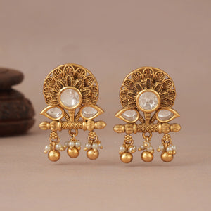 Stunning antique gold lotus kundan pearl drop earring