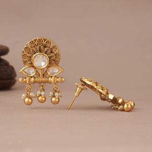 Stunning antique gold lotus kundan pearl drop earring