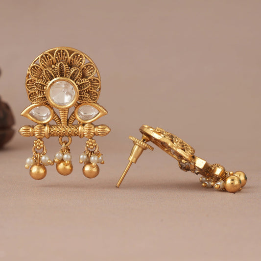 Stunning antique gold lotus kundan pearl drop earring