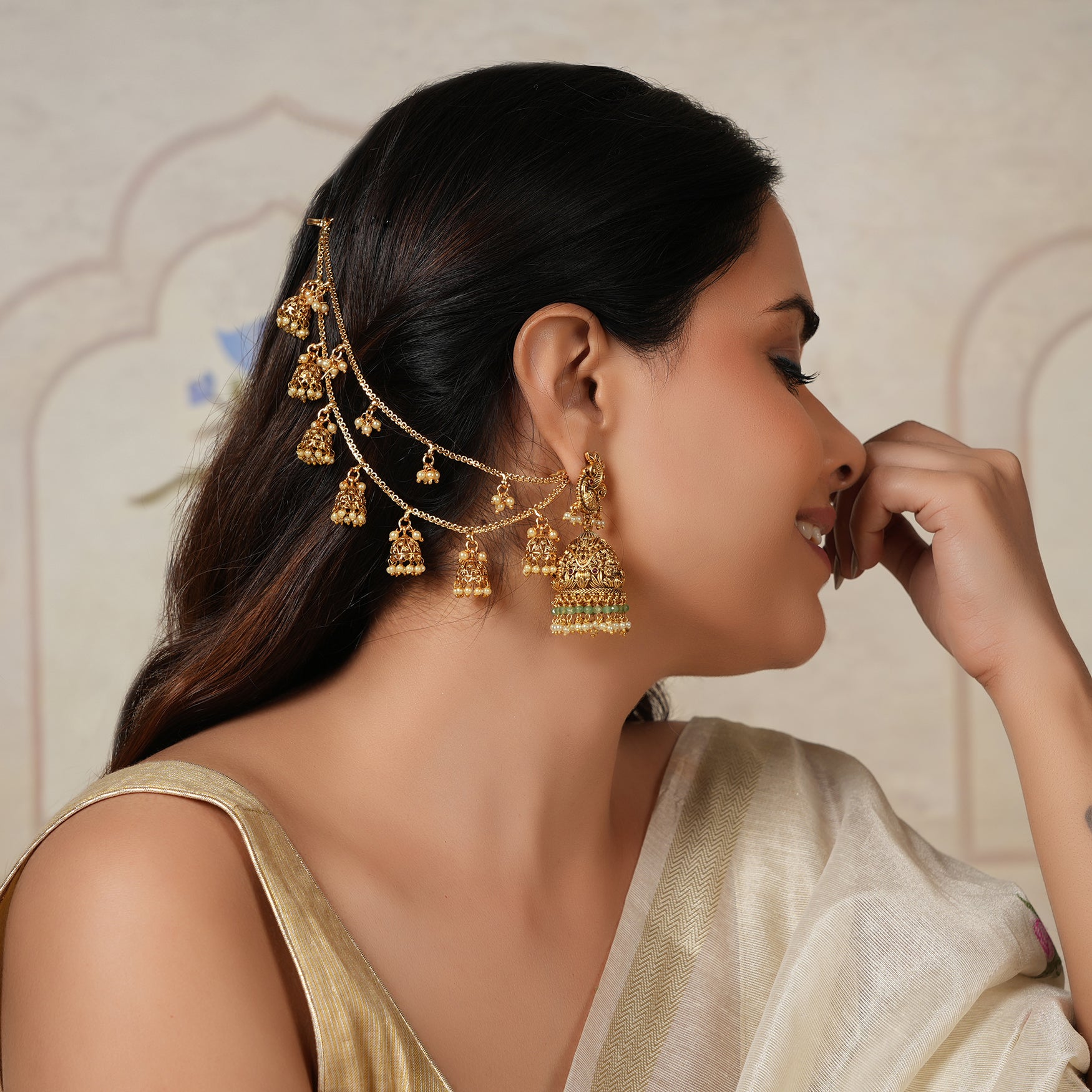 Stunning antique gold jhumka ear chain with pearl