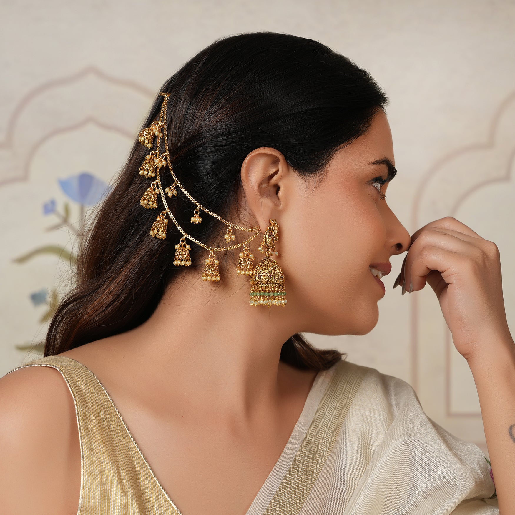 Stunning antique gold jhumka ear chain with pearl smarsjewelrys