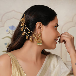 Stunning antique gold jhumka ear chain with pearl