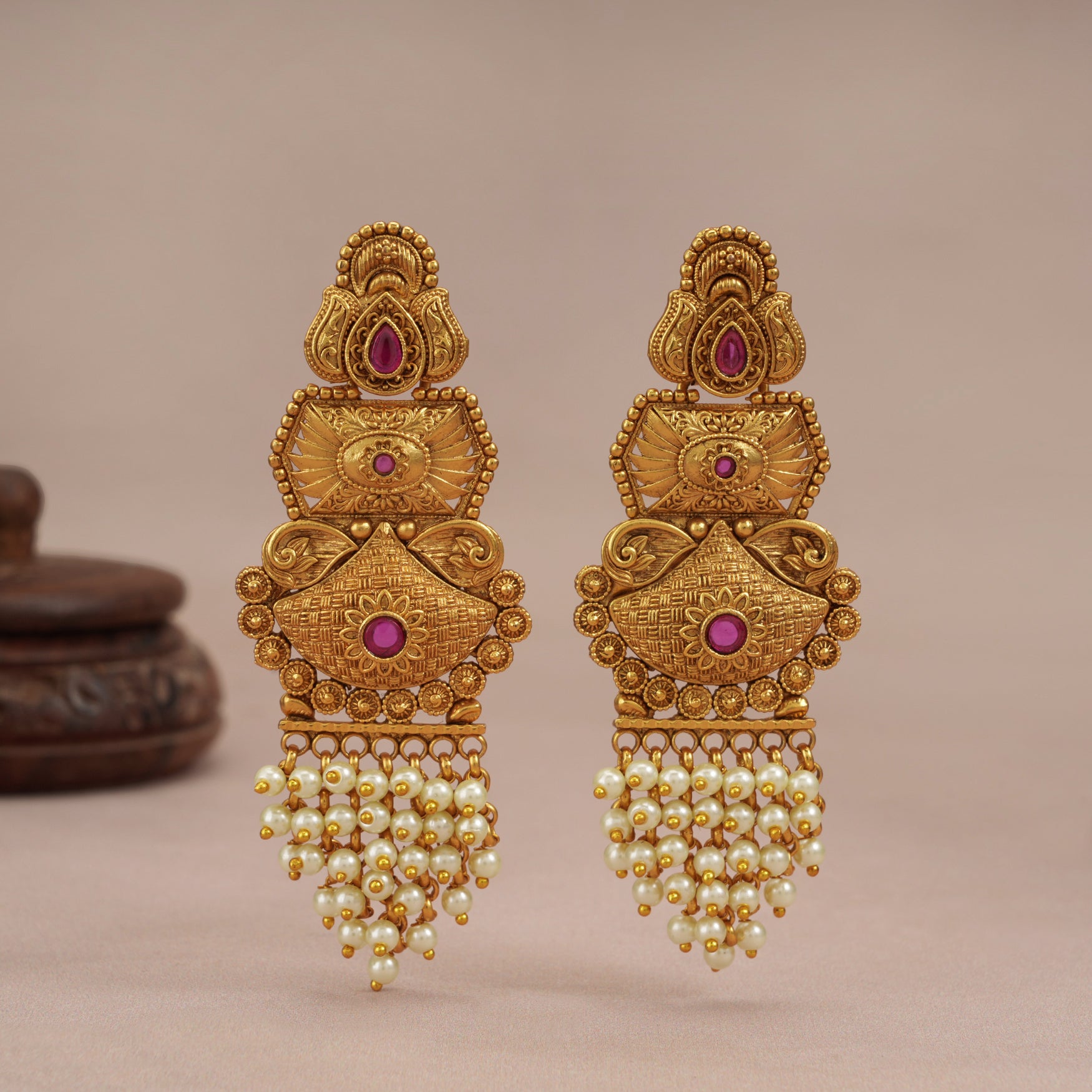 Long antique gold pearl drop ruby earring