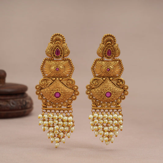 Long antique gold pearl drop ruby earring