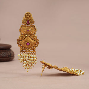 Long antique gold pearl drop ruby earring