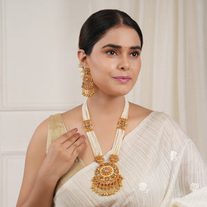 Long antique gold beautiful pearl stone necklace set