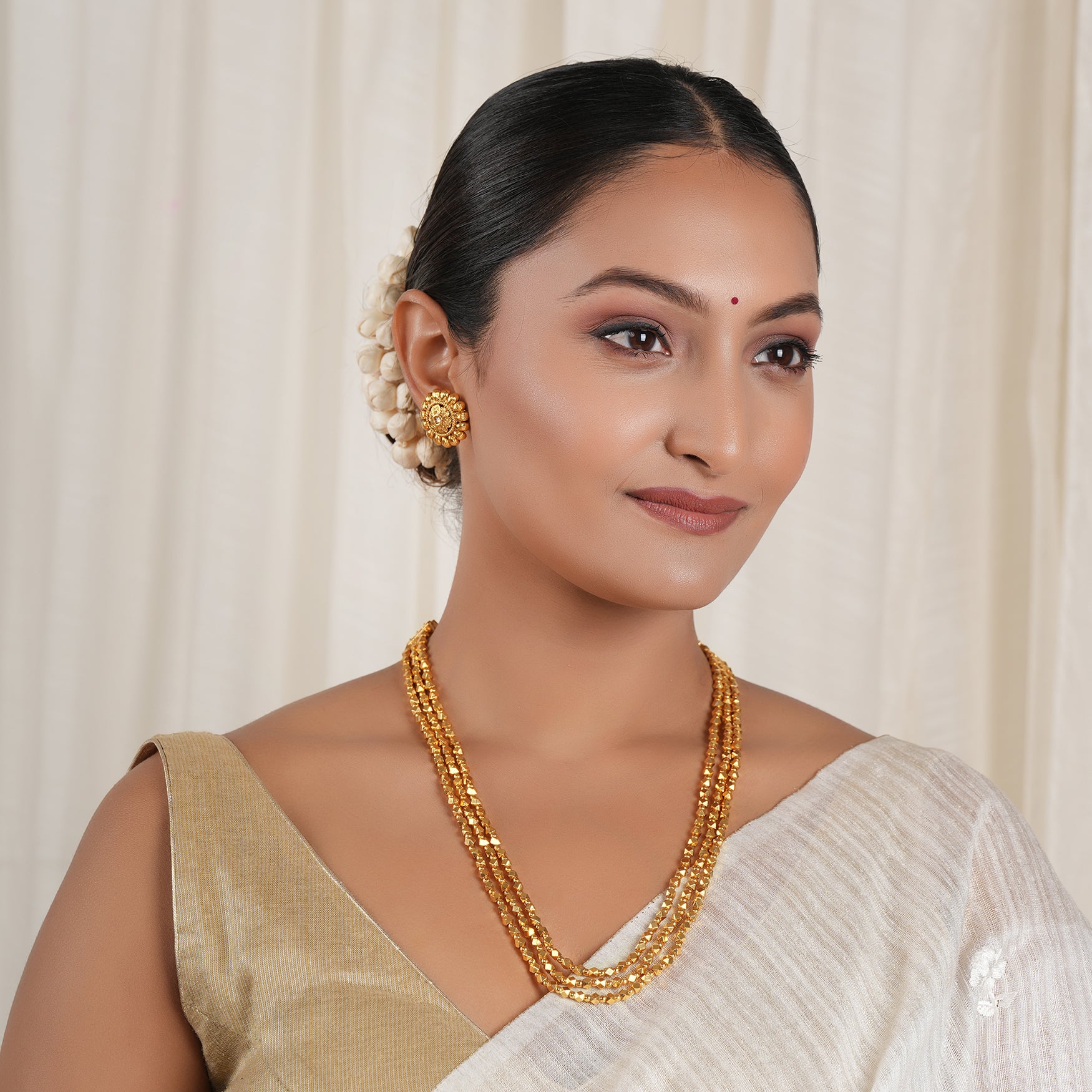 Long antique gold three layer mala necklace set