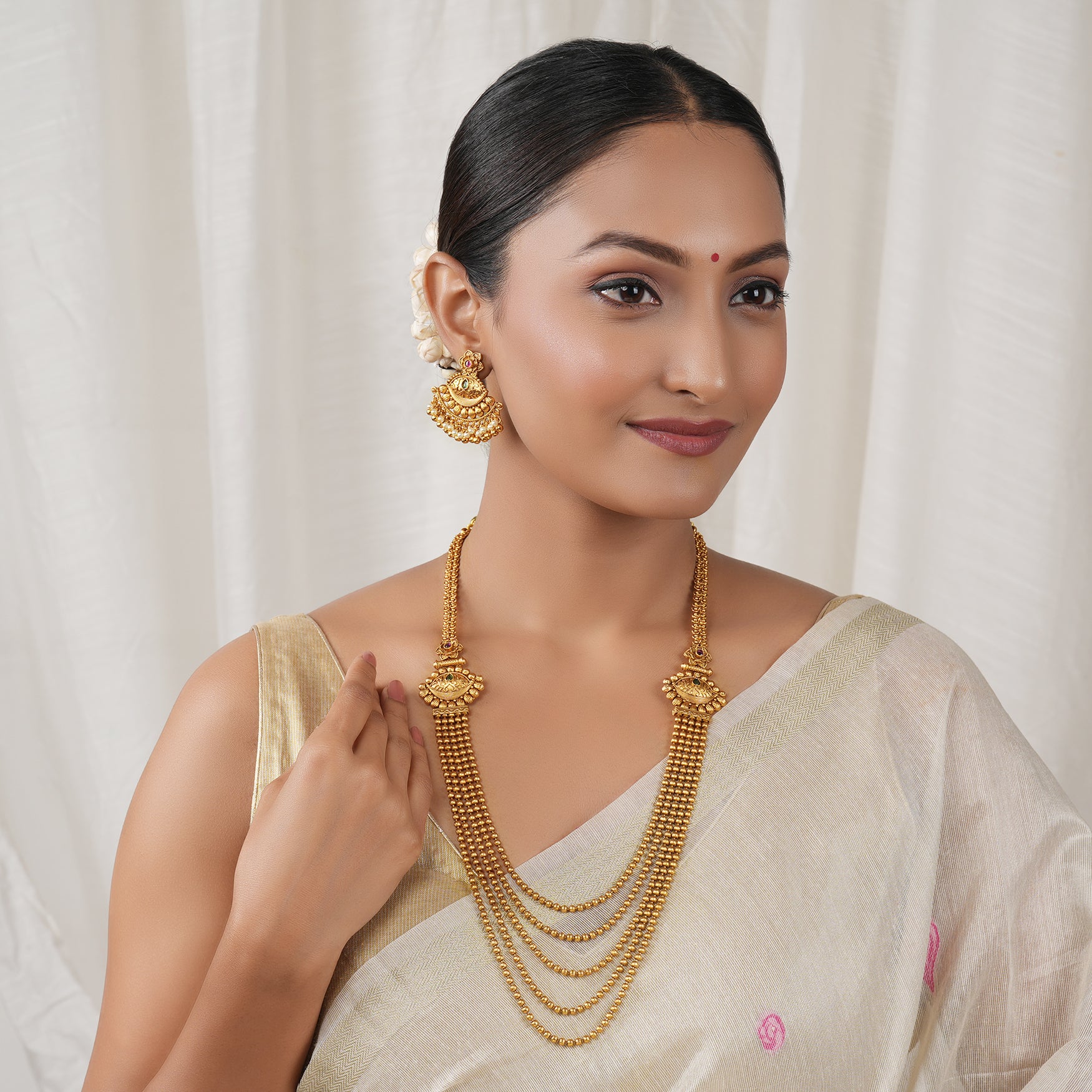 Long antique gold ball layered necklace set