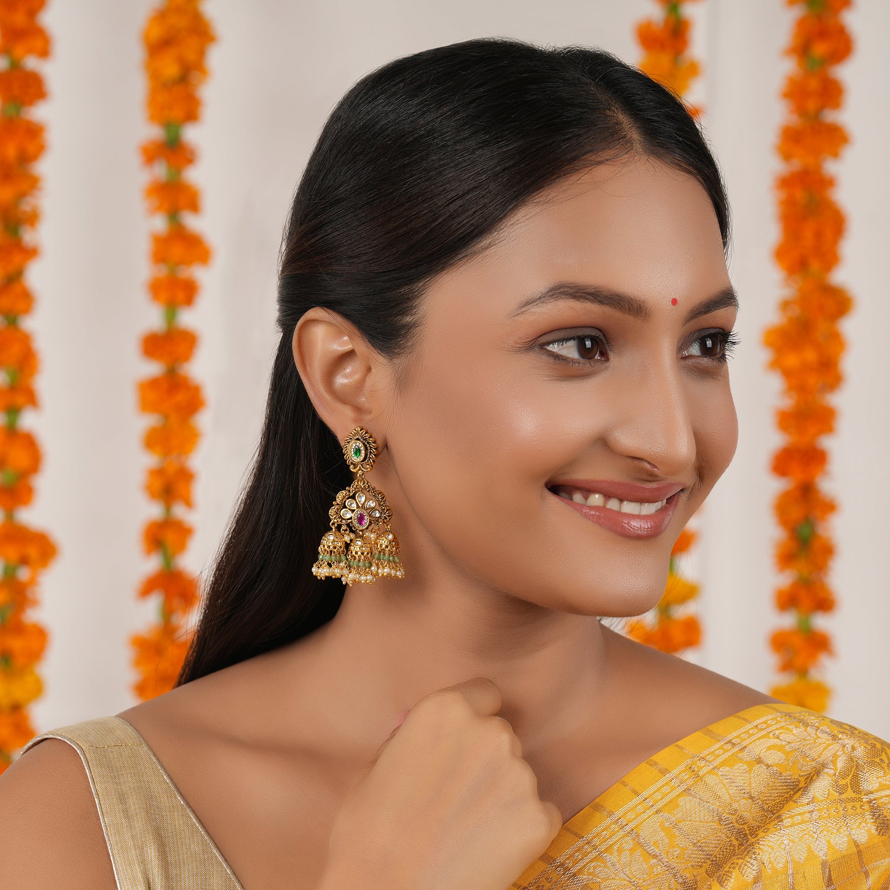 Stunning long antique gold jhumka stone earring
