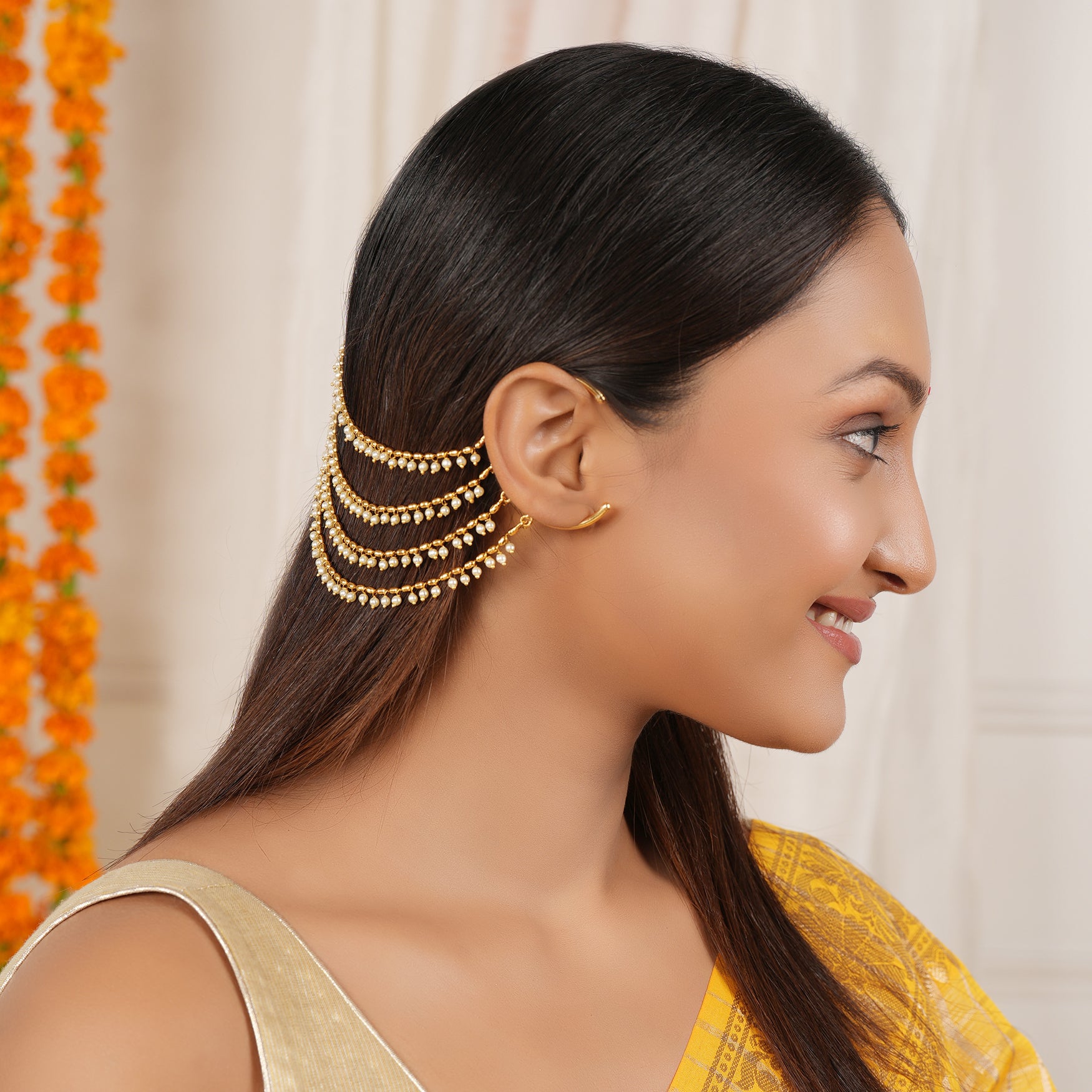 Stunning ear cuff pearl antique gold ear chain