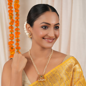 Long antique gold pearl line stone pendant set