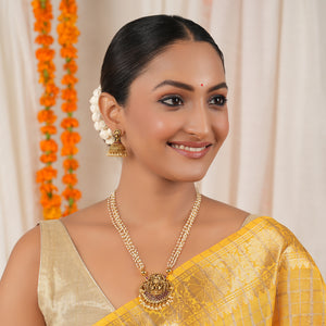 Long antique gold ma lakshmi pearl necklace set I Temple Jewellery