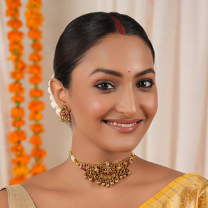 Amazing antique gold stone maa lakshmi choker necklace set I Temple Jewellery