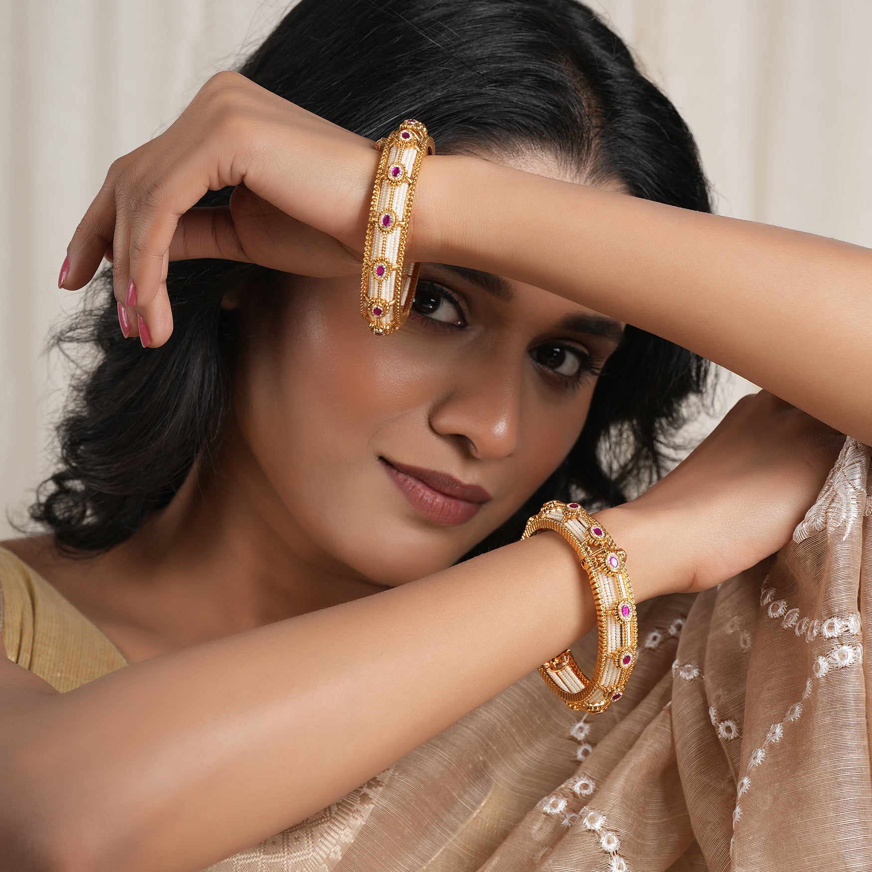 Amazing pearl ruby stone bangle set