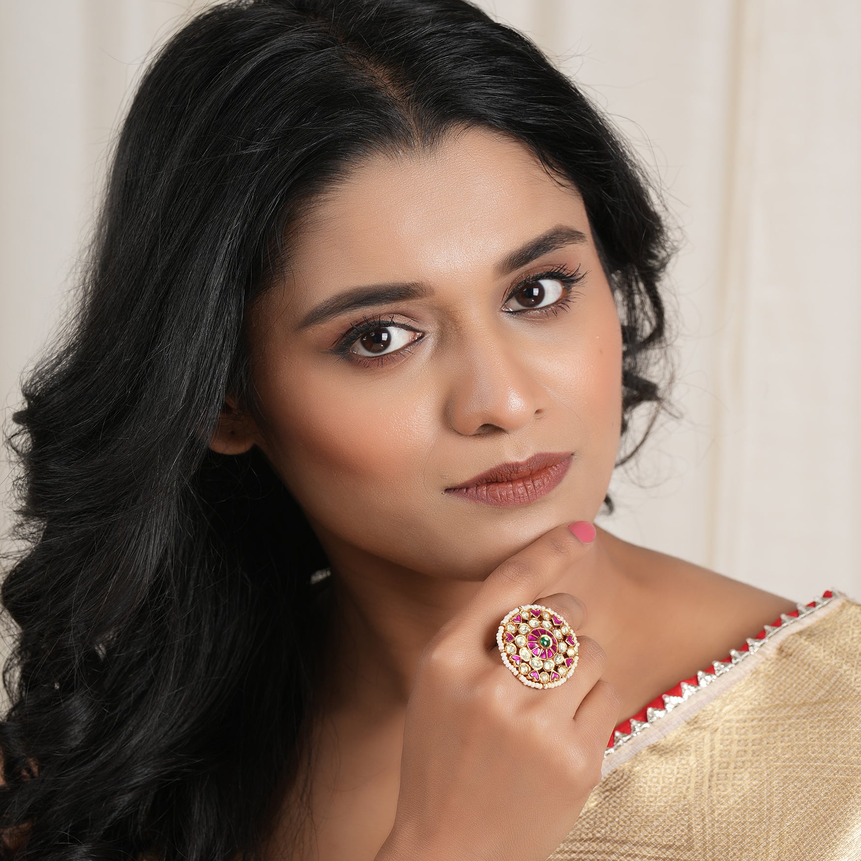 Beautiful gold plated ruby kundan finger ring