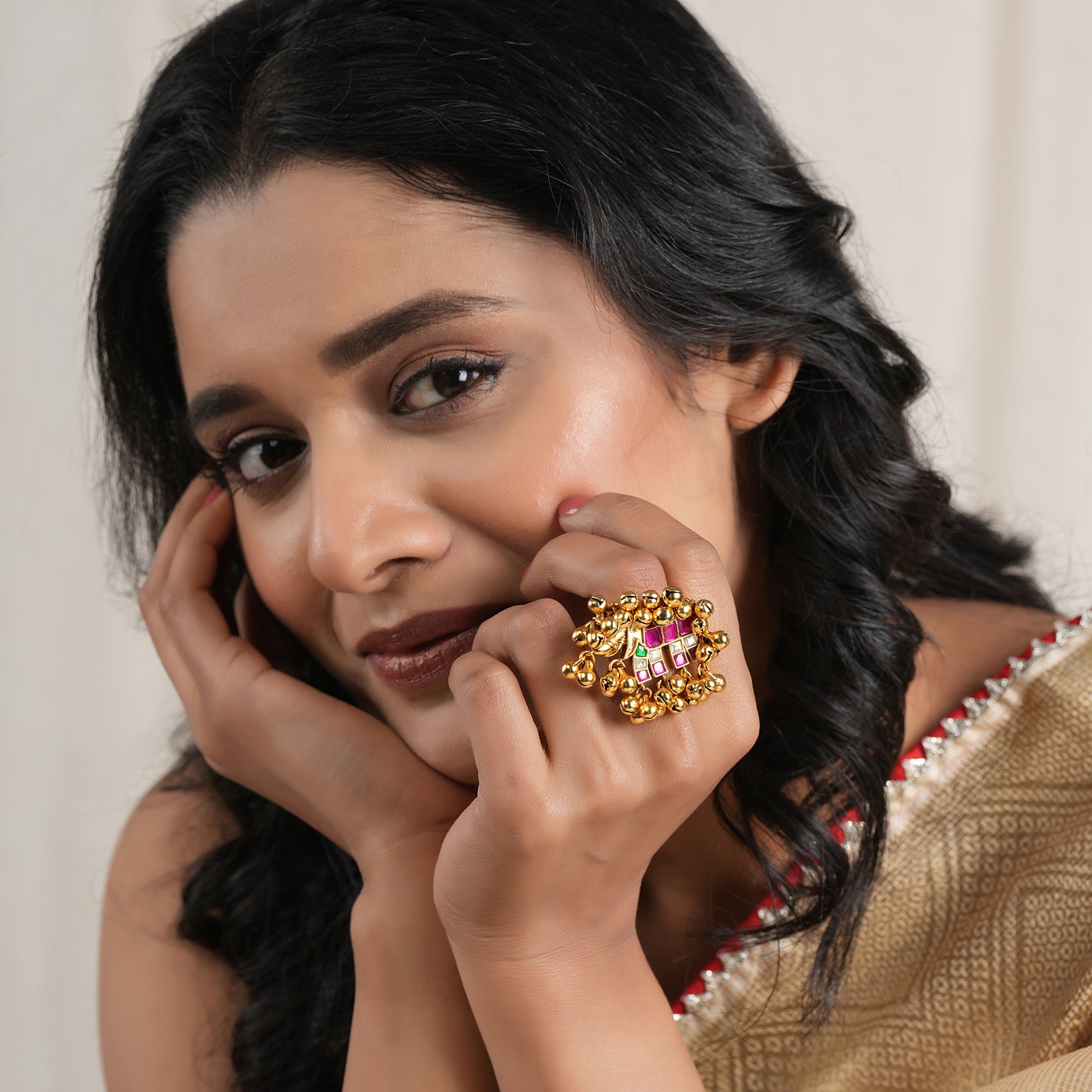 Stunning multicolor kundan antqiue gold elephant finger ring