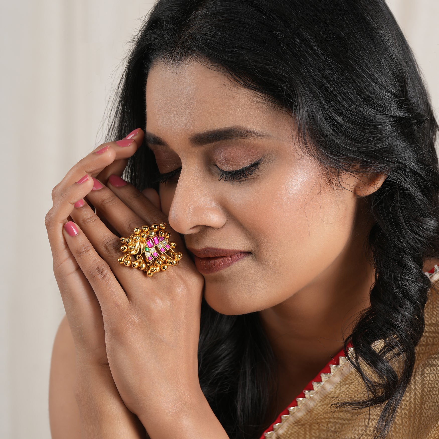 Stunning multicolor kundan antqiue gold elephant finger ring