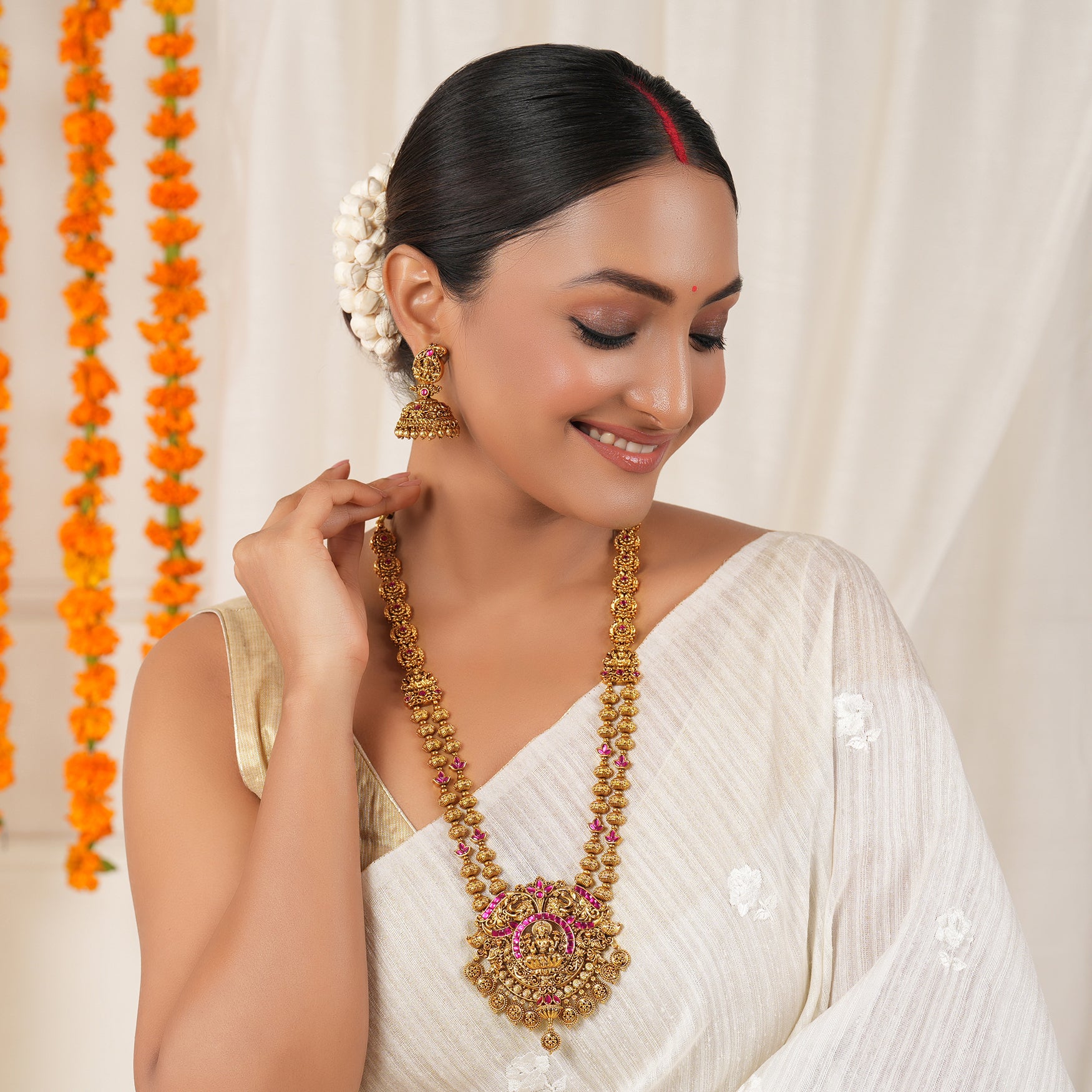 Long antique gold ma lakshmi stone necklace set I Temple Jewellery