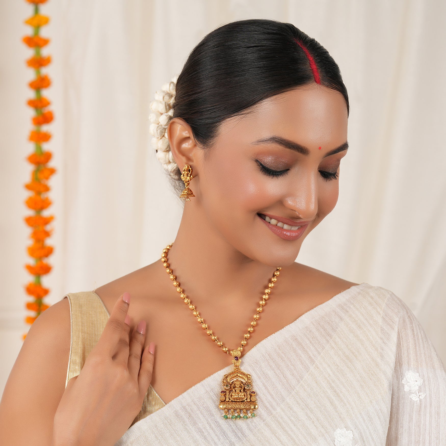 Auspicious antique gold ma lakshmi stone pendant set I Temple Jewellery