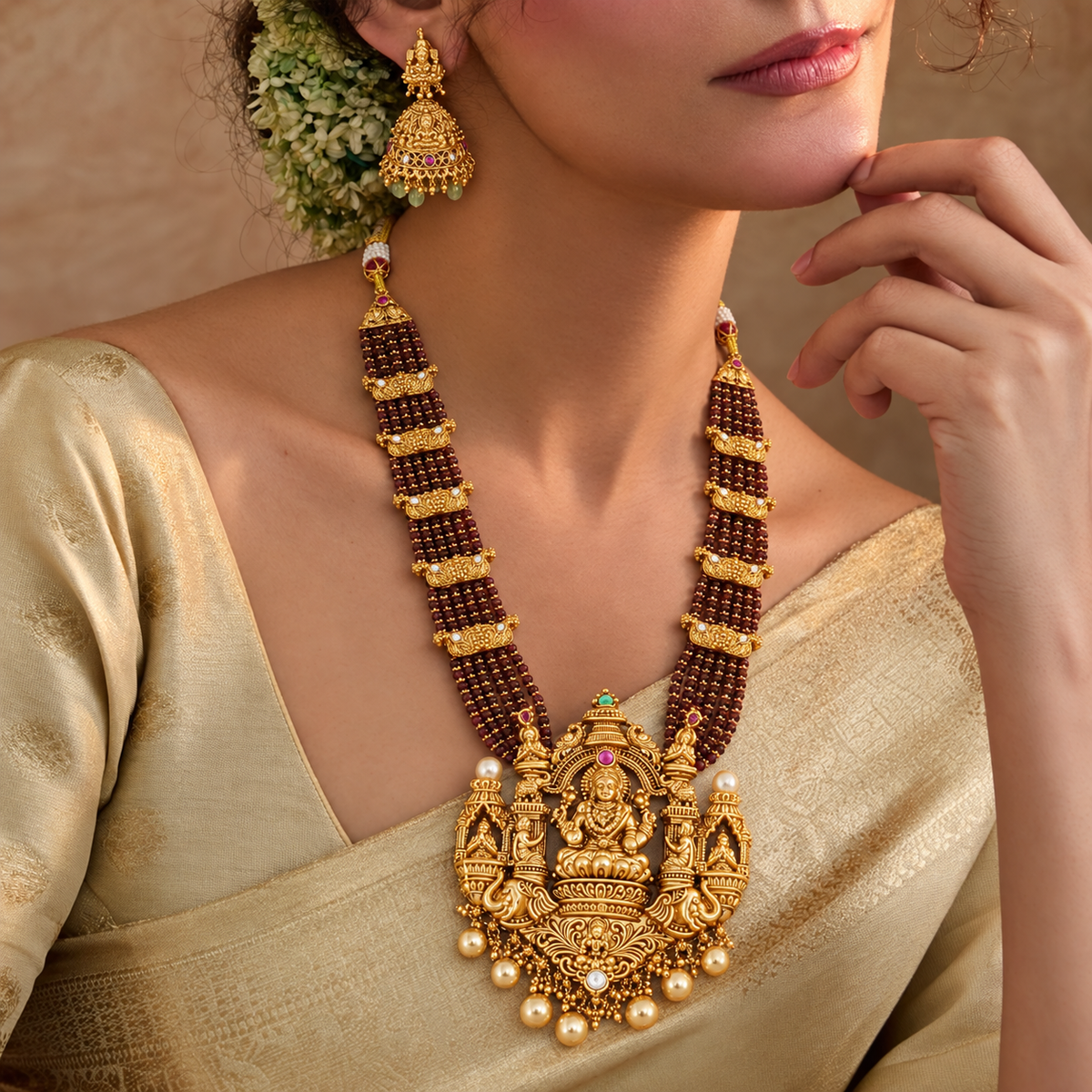 Stunning long antique gold maa Lakshmi ruby necklace set