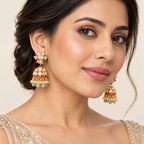 Ruby Kundan Jhumka Earrings with Green Beads