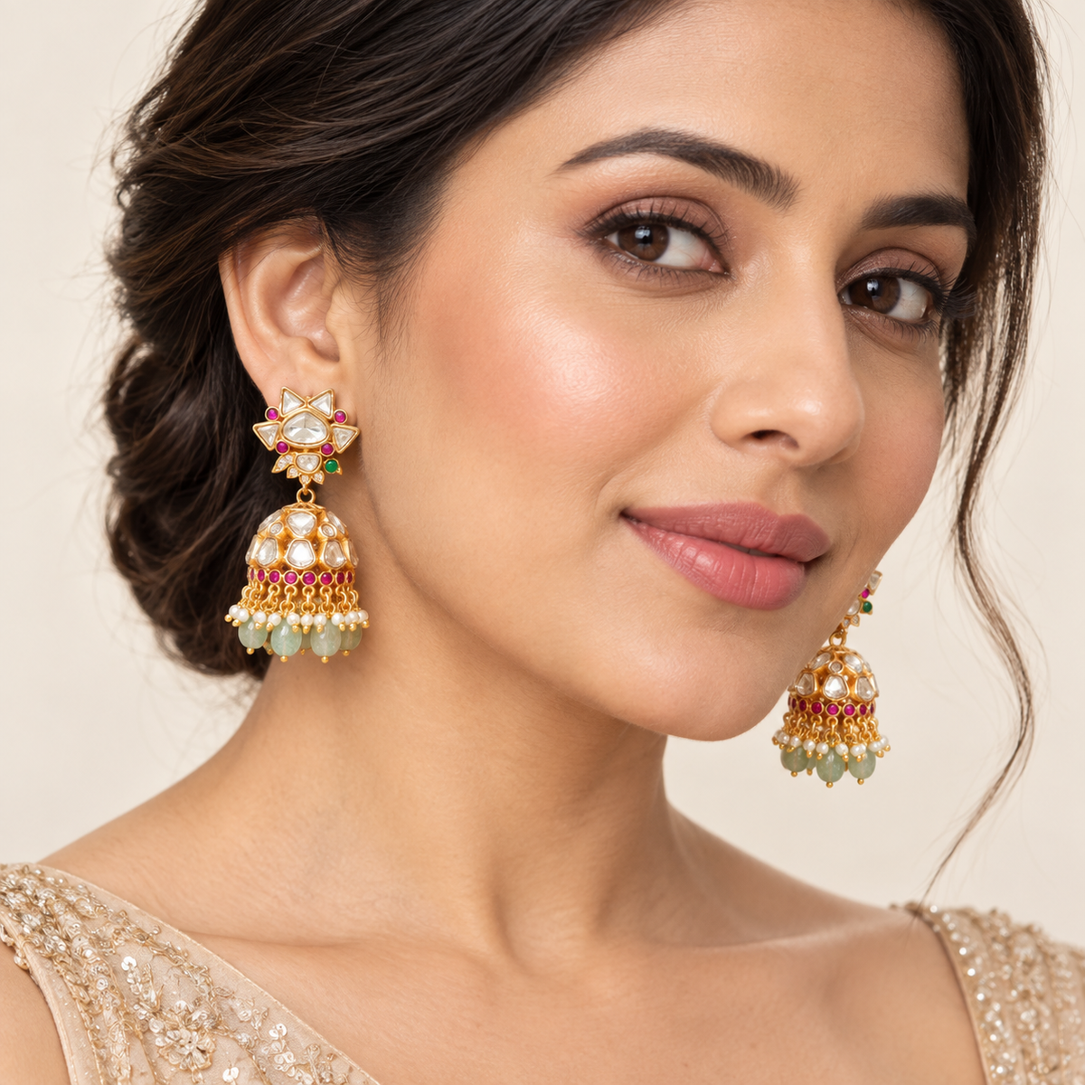Ruby Kundan Jhumka Earrings with Green Beads