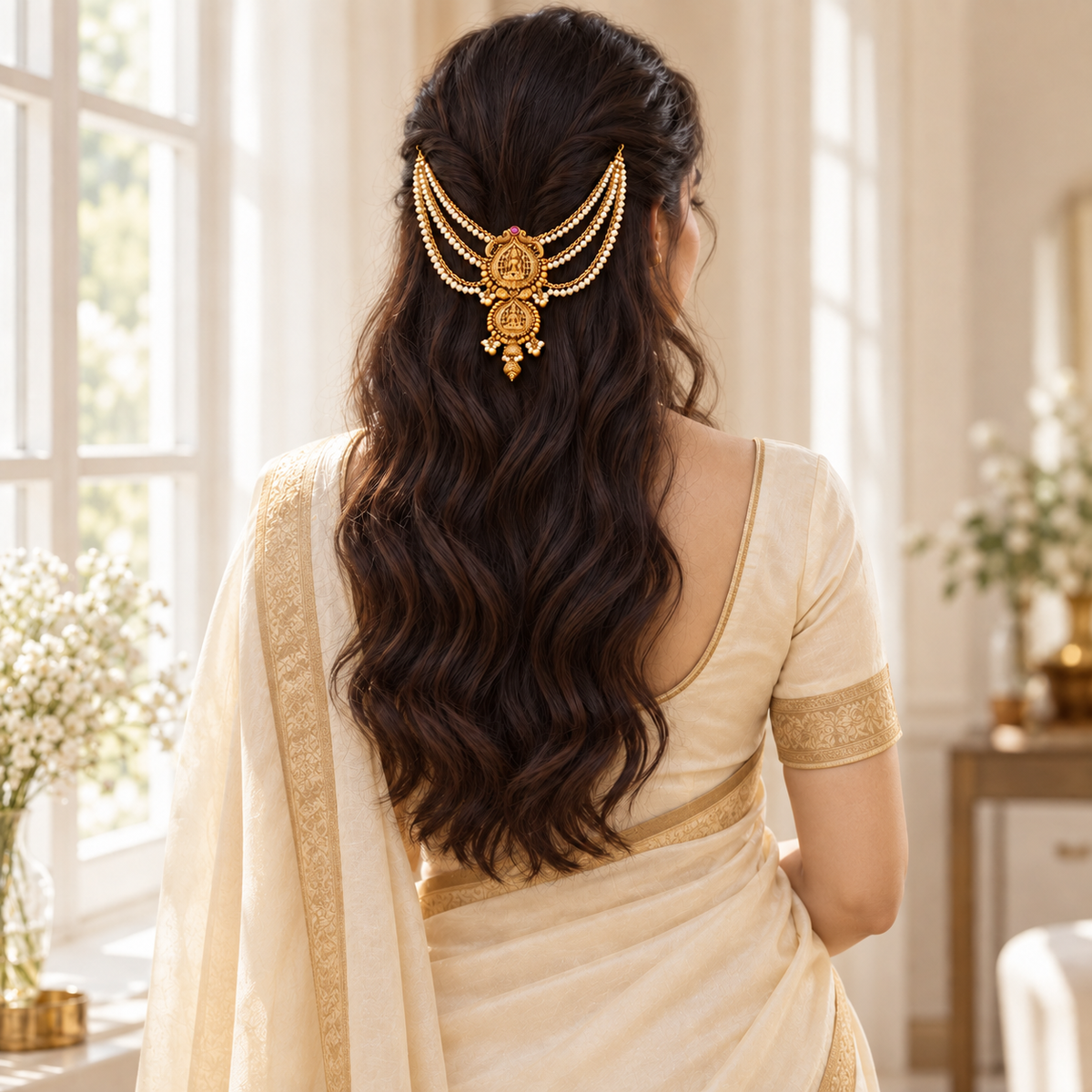 Antique Gold Mahalakshmi Pearl Temple Hair Accessory