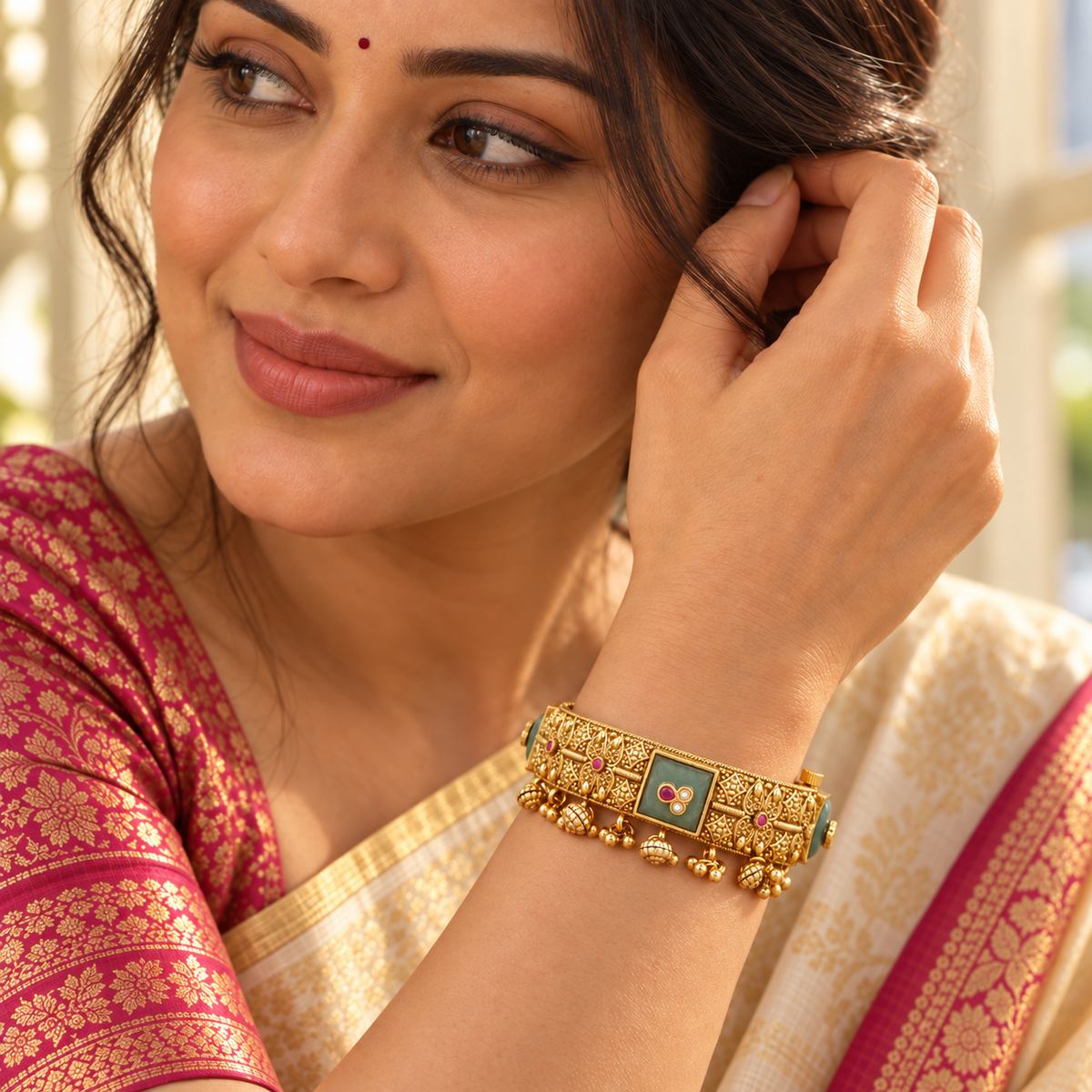 Stunning antique gold green stone kada