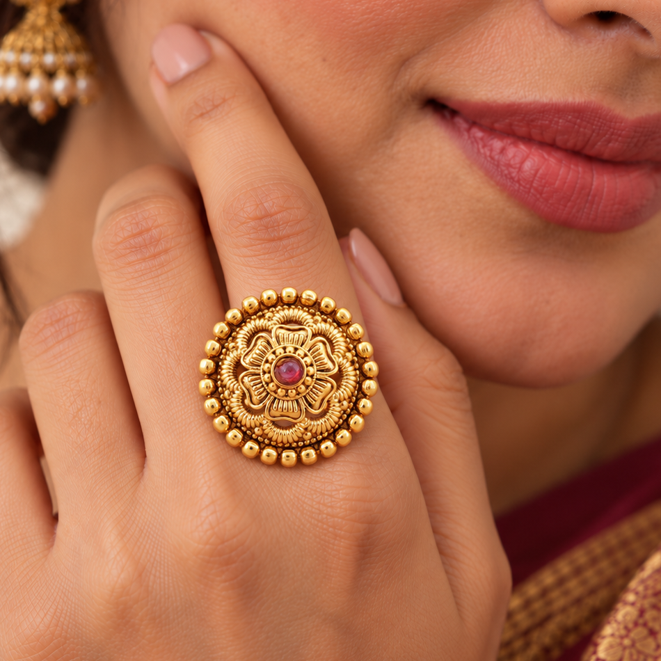 Stunning floral stone antique gold adjustable finger ring